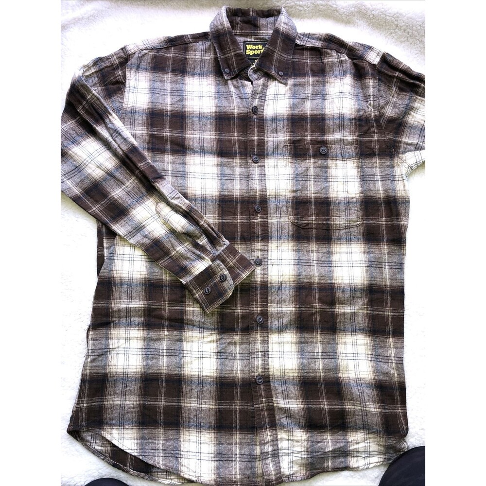 Work n Sport Plaid Flannel Shirt Mens Medium Brown White Grunge Lumberjack
